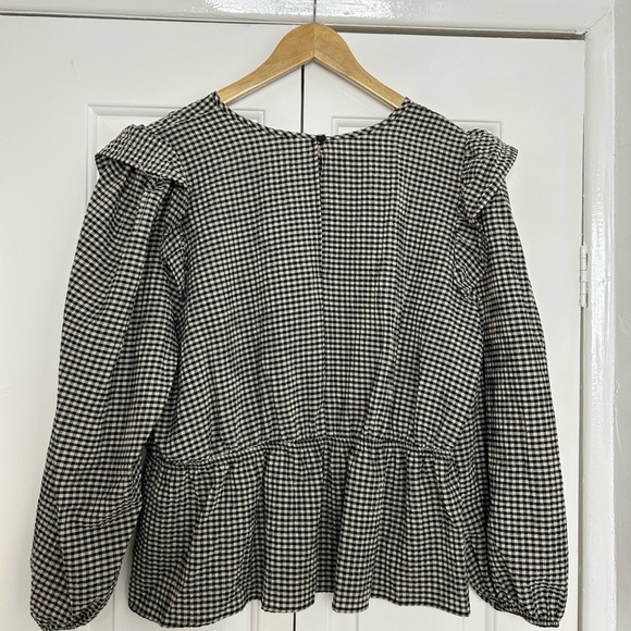 George top UK 16 black beige gingham check plaid frill blouse - Picture 5 of 9